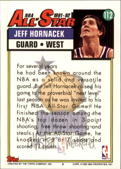 1992-93 Topps #112 Jeff Hornacek AS UER/(5 or 7 shots should be 5 of 7 shots) back image