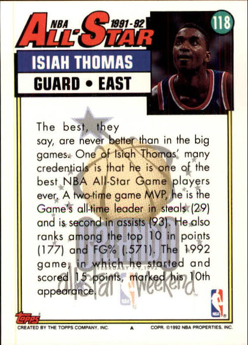 1992-93 Topps #118 Isiah Thomas AS back image