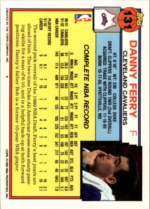 1992-93 Topps #131 Danny Ferry back image