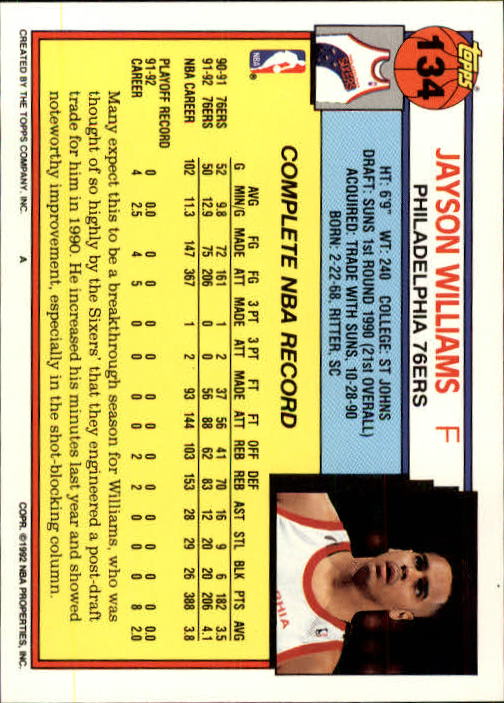 1992-93 Topps #134 Jayson Williams back image