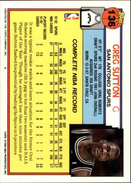 1992-93 Topps #136 Greg Sutton back image