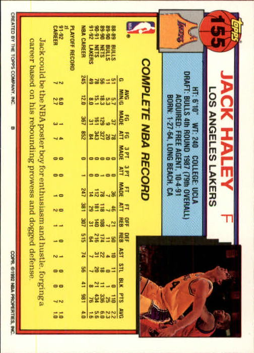 1992-93 Topps #155 Jack Haley back image