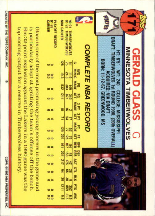 1992-93 Topps #171 Gerald Glass back image
