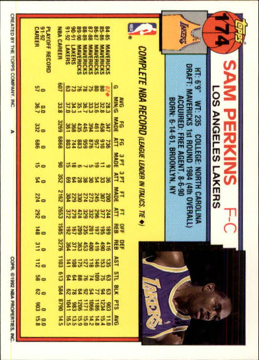 1992-93 Topps #174 Sam Perkins back image