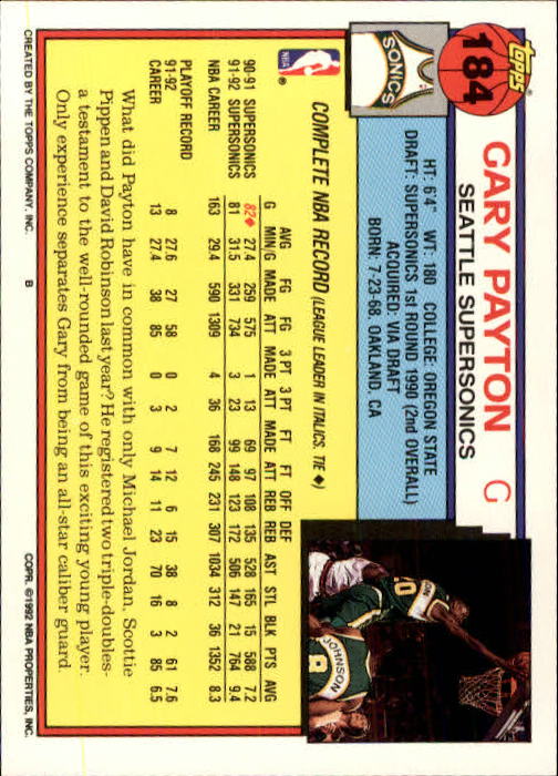 1992-93 Topps #184 Gary Payton back image