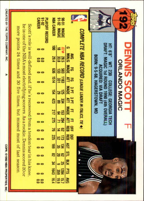 1992-93 Topps #192 Dennis Scott back image
