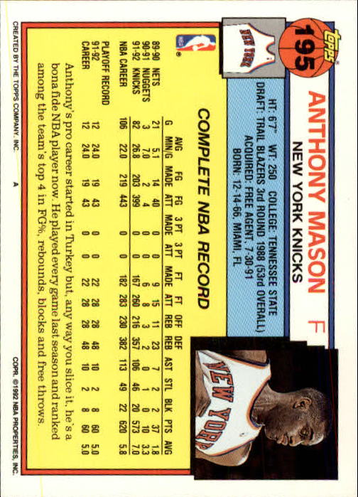 1992-93 Topps #195 Anthony Mason back image