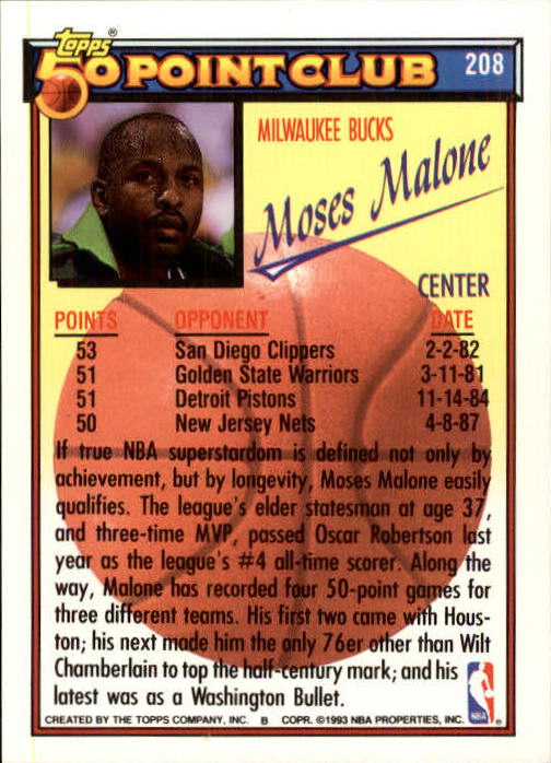 1992-93 Topps #208 Moses Malone 50P back image