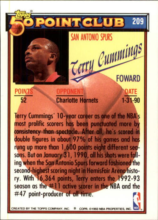 1992-93 Topps #209 Terry Cummings 50P back image