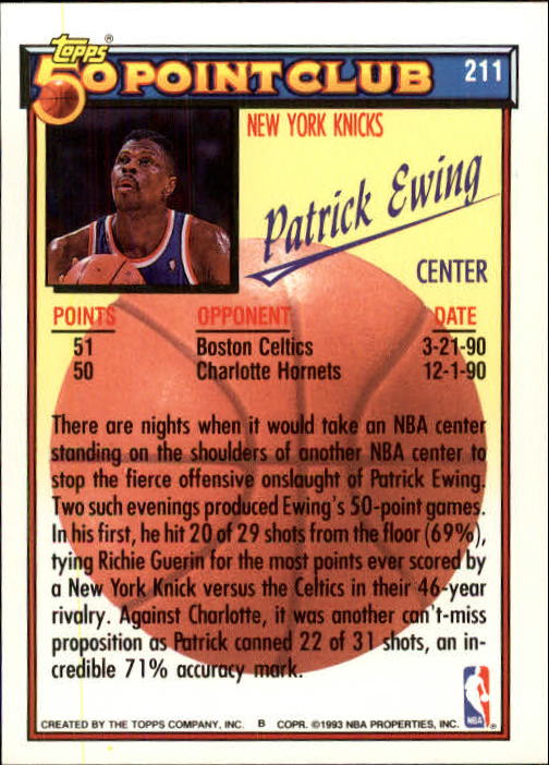 1992-93 Topps #211 Patrick Ewing 50P back image
