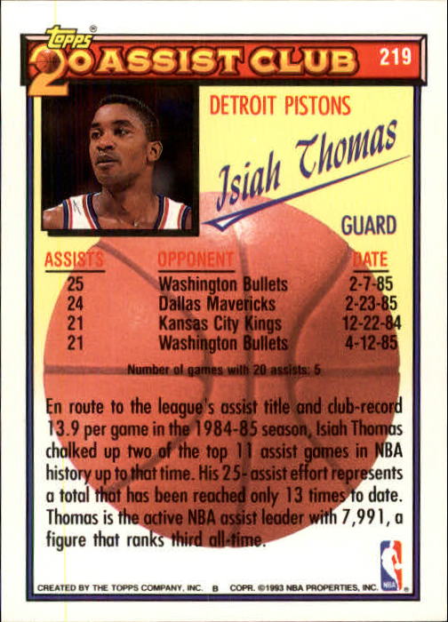 1992-93 Topps #219 Isiah Thomas 20A back image