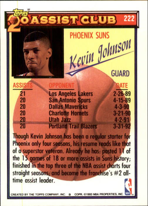 1992-93 Topps #222 Kevin Johnson 20A back image