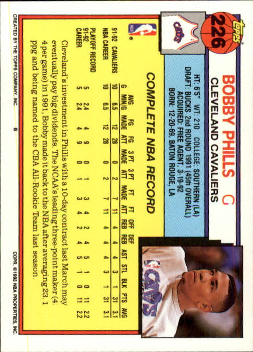 1992-93 Topps #226 Bobby Phills RC back image