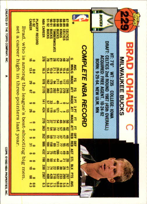 1992-93 Topps #229 Brad Lohaus back image
