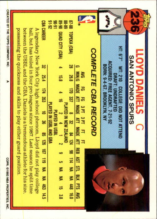 1992-93 Topps #236 Lloyd Daniels RC back image