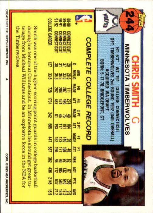 1992-93 Topps #244 Chris Smith RC back image