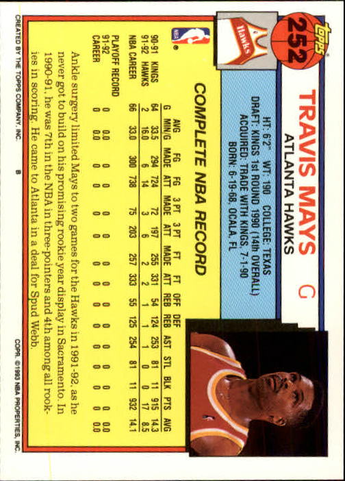 1992-93 Topps #252 Travis Mays back image
