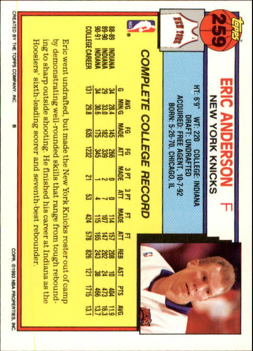 1992-93 Topps #259 Eric Anderson RC back image
