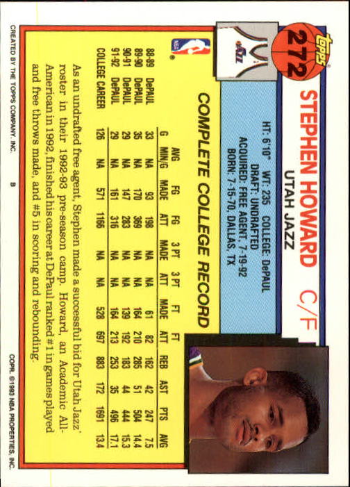 1992-93 Topps #272 Stephen Howard RC/(See also card 286) back image