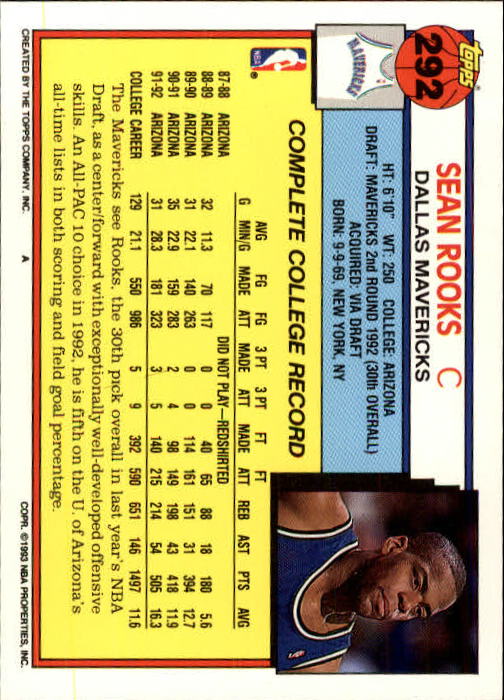 1992-93 Topps #292 Sean Rooks RC back image