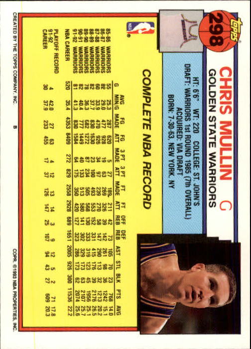 1992-93 Topps #298 Chris Mullin back image