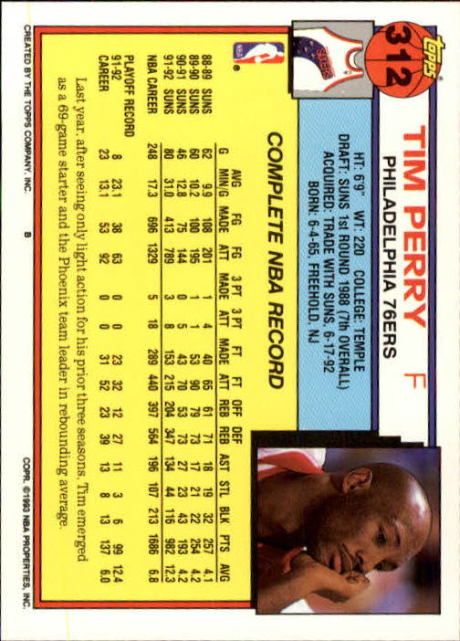 1992-93 Topps #312 Tim Perry back image