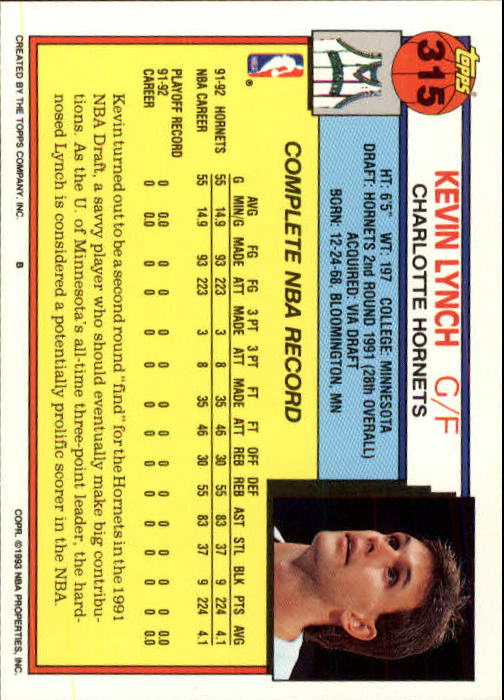 1992-93 Topps #315 Kevin Lynch back image