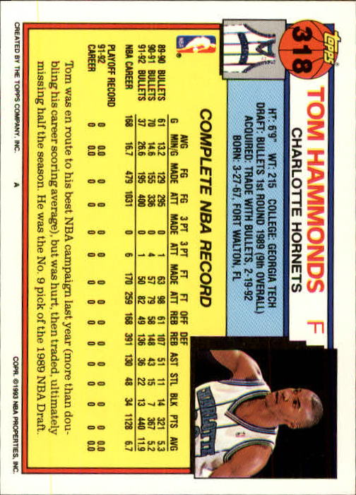 1992-93 Topps #318 Tom Hammonds back image