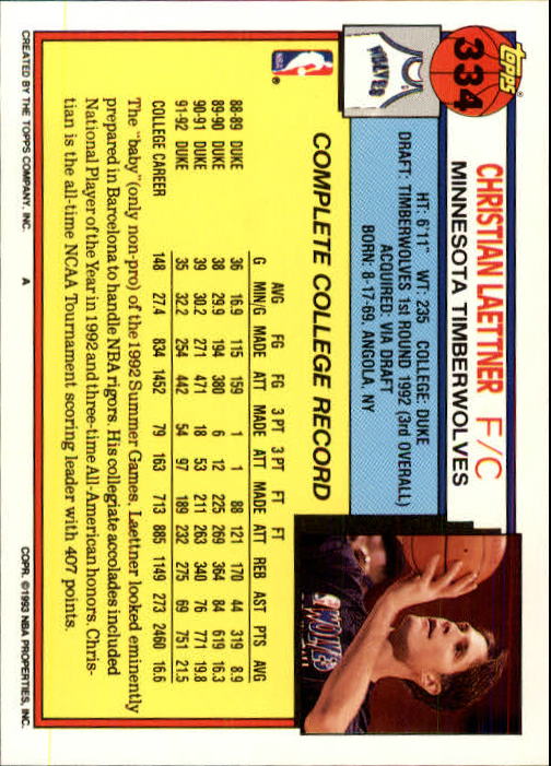 1992-93 Topps #334 Christian Laettner RC back image