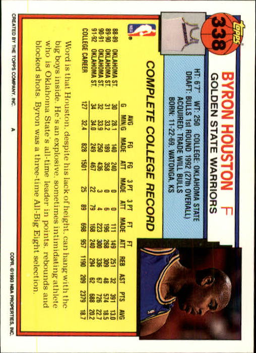 1992-93 Topps #338 Byron Houston RC back image