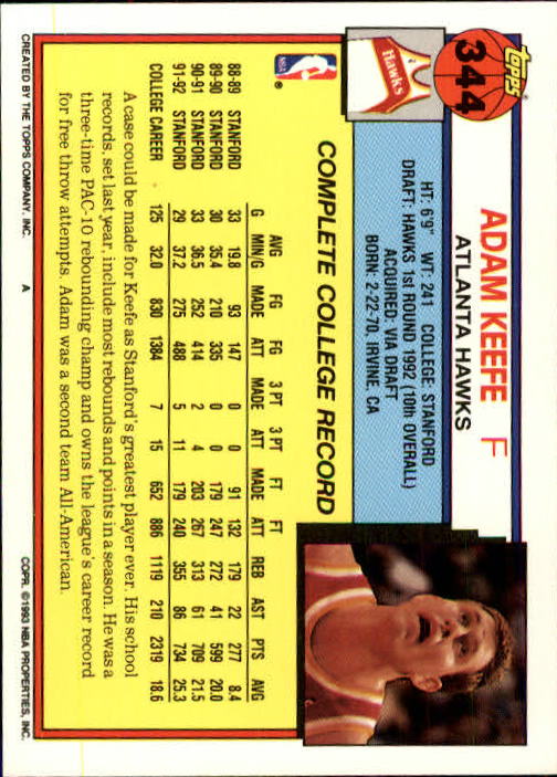 1992-93 Topps #344 Adam Keefe RC back image