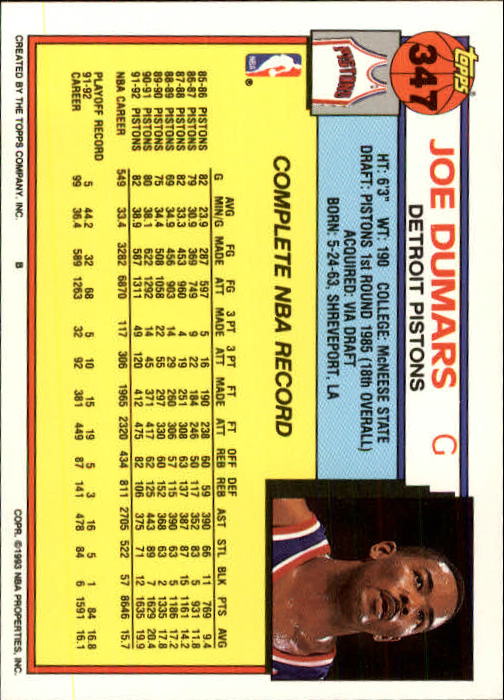 1992-93 Topps #347 Joe Dumars back image
