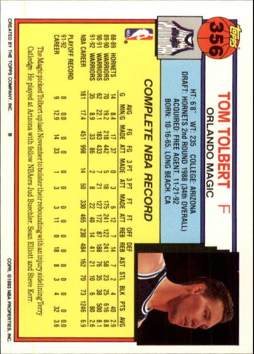 1992-93 Topps #356 Tom Tolbert back image