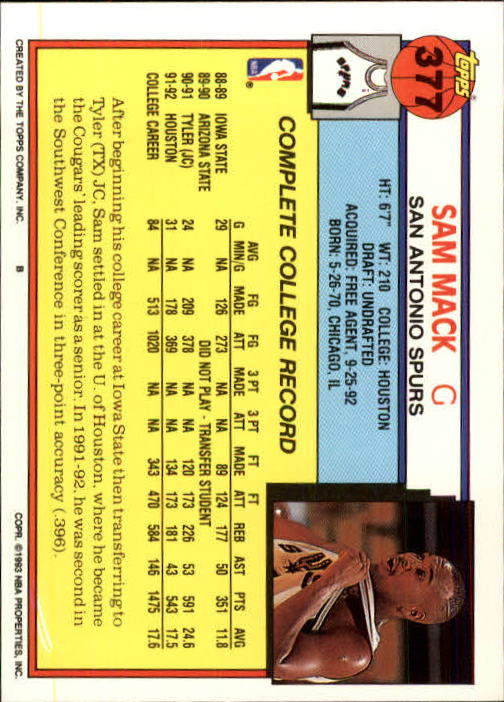 1992-93 Topps #377 Sam Mack RC back image
