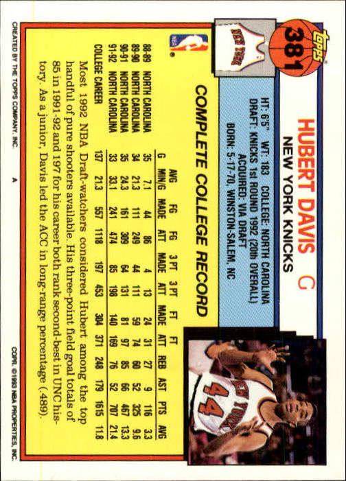 1992-93 Topps #381 Hubert Davis RC back image