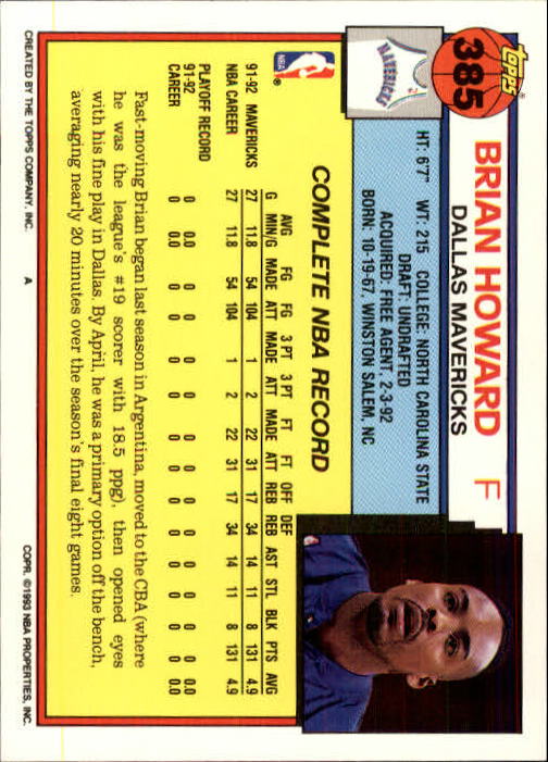 1992-93 Topps #385 Brian Howard RC back image