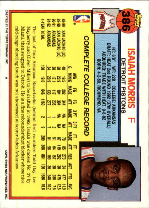 1992-93 Topps #386 Isaiah Morris RC back image