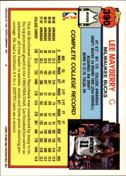 1992-93 Topps #390 Lee Mayberry RC back image