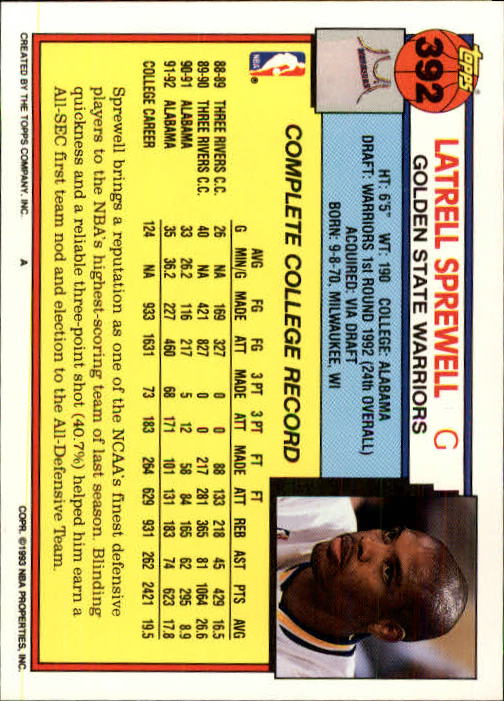 1992-93 Topps #392 Latrell Sprewell RC back image
