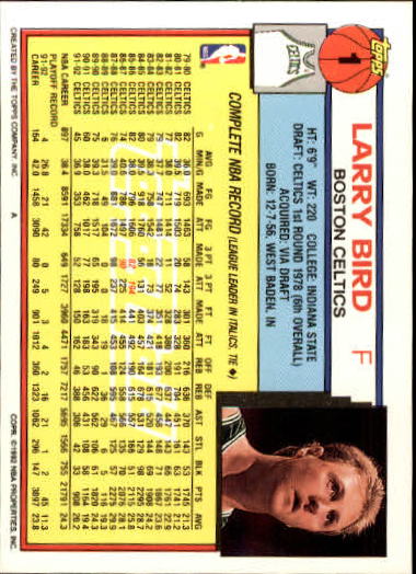 1992-93 Topps Gold #1 Larry Bird back image