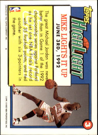 1992-93 Topps Gold #3 Michael Jordan HL/Michael Lights It/Up 6/3/92 back image