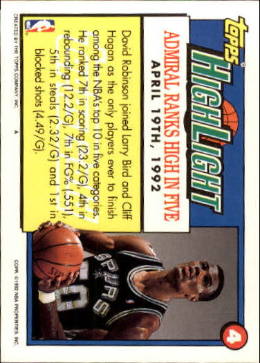 1992-93 Topps Gold #4 David Robinson HL/Admiral Ranks High/In Five 4/19/92 back image