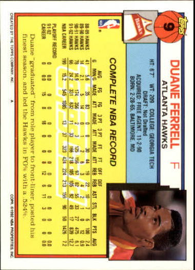 1992-93 Topps Gold #9 Duane Ferrell back image