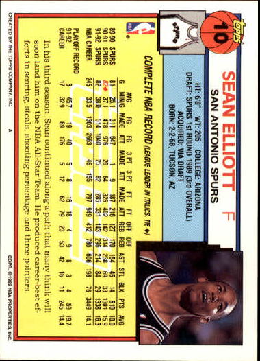 1992-93 Topps Gold #10 Sean Elliott back image