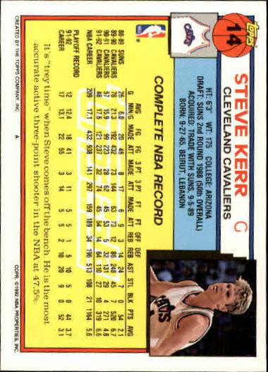 1992-93 Topps Gold #14 Steve Kerr back image