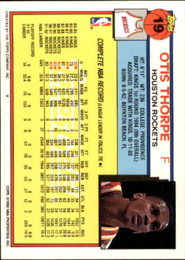 1992-93 Topps Gold #19G Otis Thorpe back image
