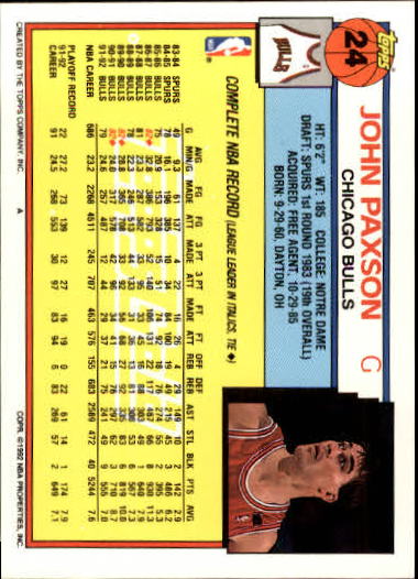 1992-93 Topps Gold #24 John Paxson back image