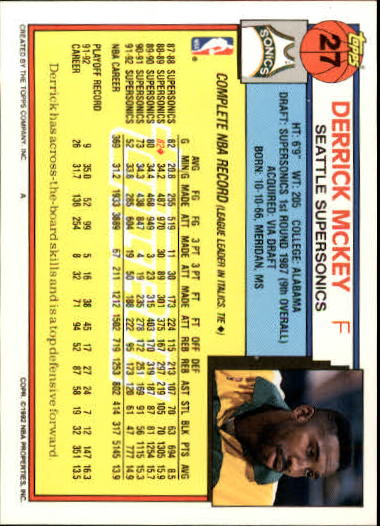 1992-93 Topps Gold #27 Derrick McKey back image