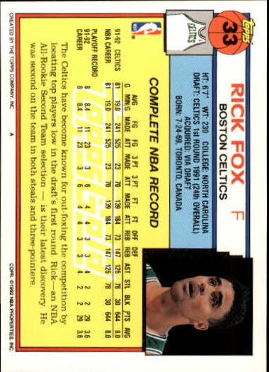 1992-93 Topps Gold #33 Rick Fox back image