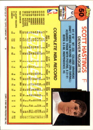 1992-93 Topps Gold #50 Scott Hastings back image